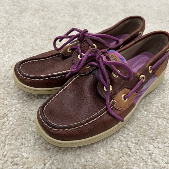 Sperry Women’s Bluefish 5M Purple Plaid 2-Eye Boat Shoe Top Sider Brown Leather, - Picture 13 of 16